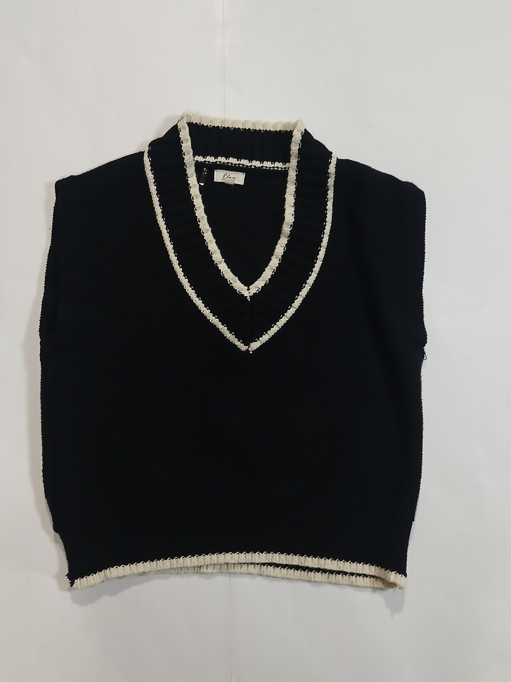 Elan Black V-Neck Sweater Vest with Cream Trim